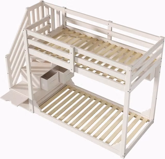 Letto a Castello per Bambini 90x200 cm Bianco con Scala Armadio e Spazio di Stoccaggio, Struttura in Legno con Sponde di Sicurezza, Senza Materasso