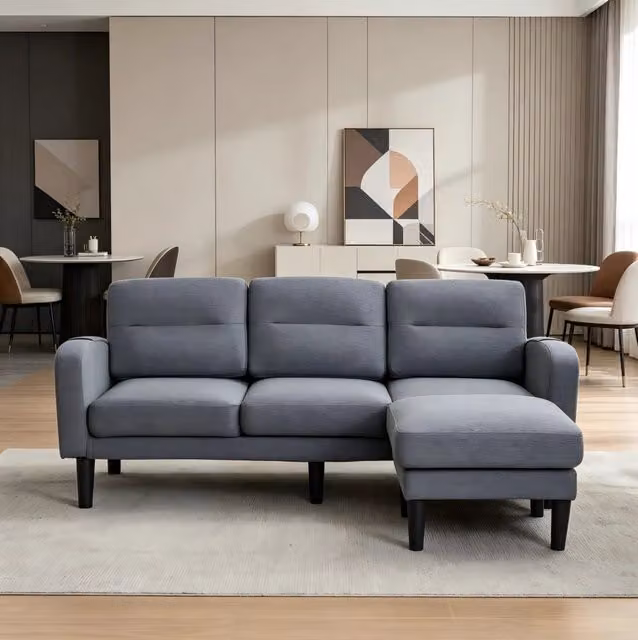 Divano angolare modulare 3 posti con chaise longue e tasche laterali; 204×136×80 cm; grigio