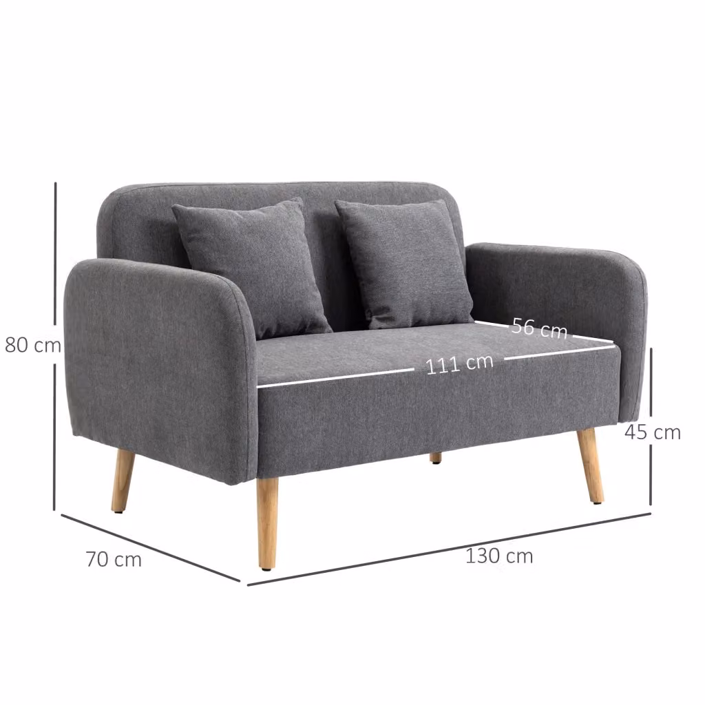 Divano moderno a 2 posti WISHDOR in tessuto grigio con 2 cuscini e struttura in legno L: 130 cm, P: 80 cm, H: 70 cm – 2