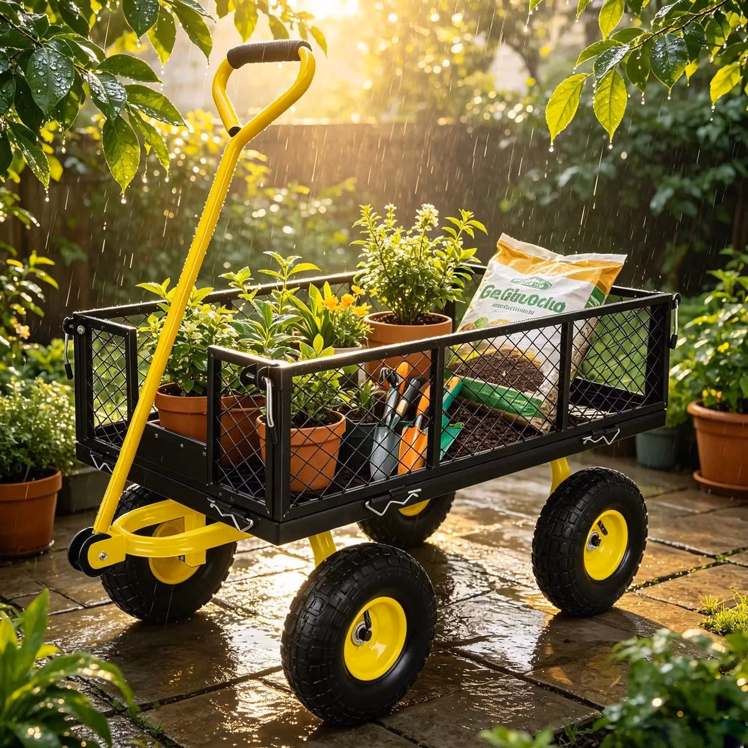 Carrello da giardino multifunzione, convertibile, con pareti laterali removibili