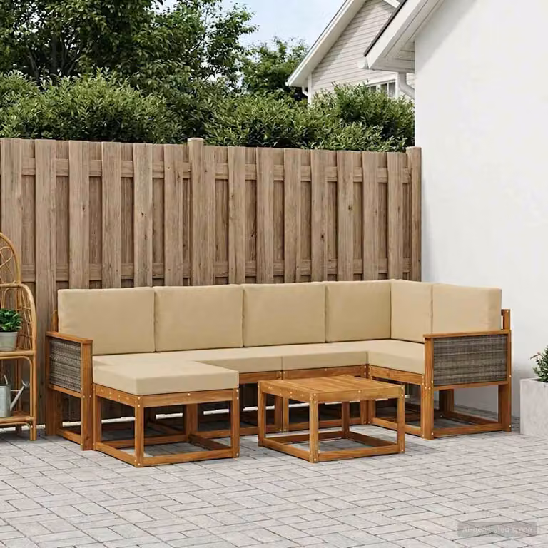 vidaXL Set di divani da esterno a L in legno di acacia con cuscini, beige e marrone