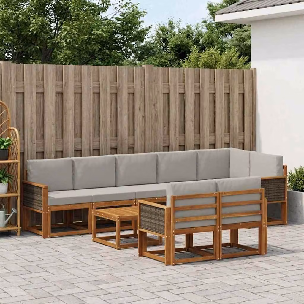 Set di divani da esterno vidaXL a forma di L in legno di acacia con tavolo da caffè e cuscini, 9 pezzi, Beige, Grigio e Marrone