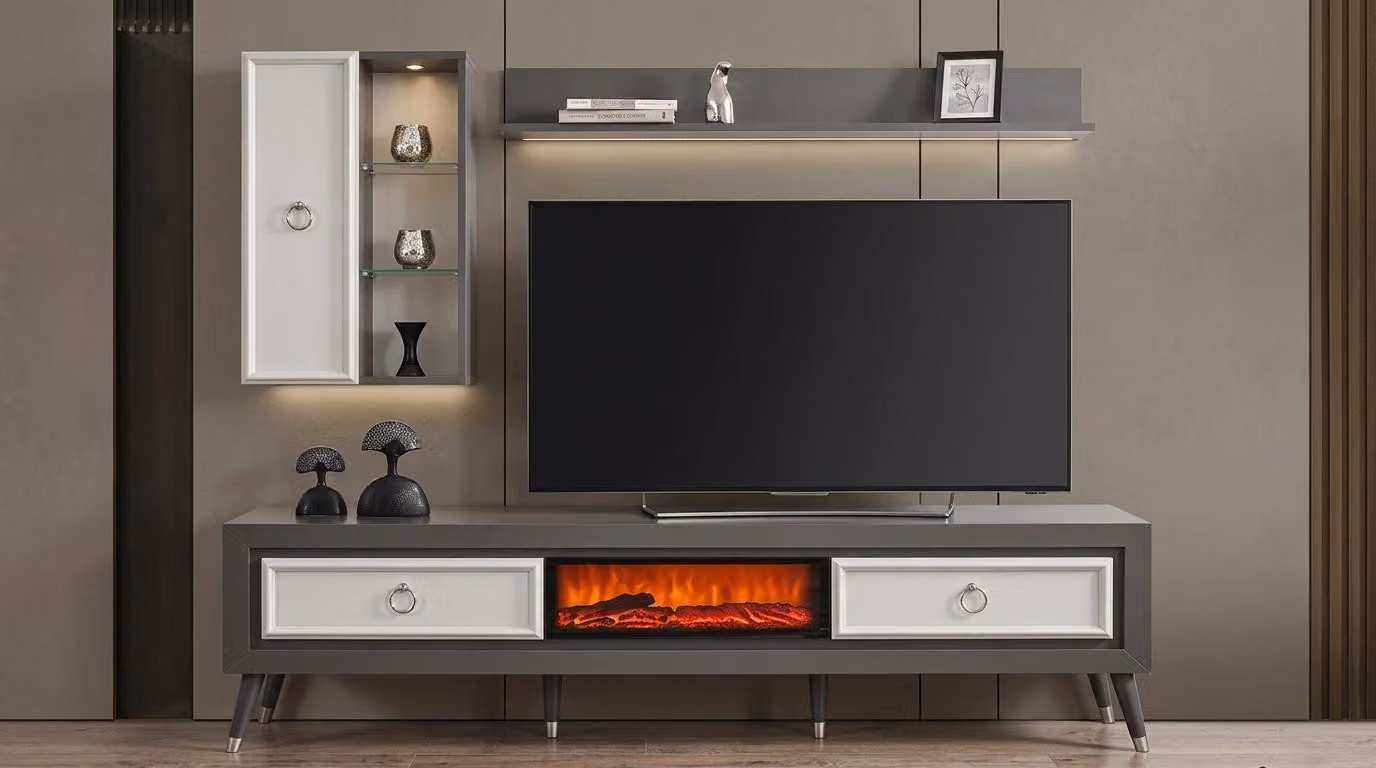 Mobile TV a basso, pensile, ripiano a parete, stile moderno, colore nero, camino