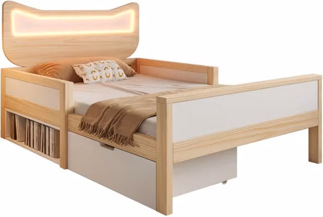 Letto per bambini 90x190 cm con testiera gatto RGB LED; cassetto e scomparto; bianco rovere