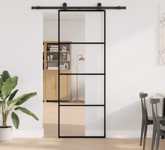 Porta Scorrevole Moderna vidaXL in Vetro e Alluminio Nero L: 76 cm, H: 205 cm