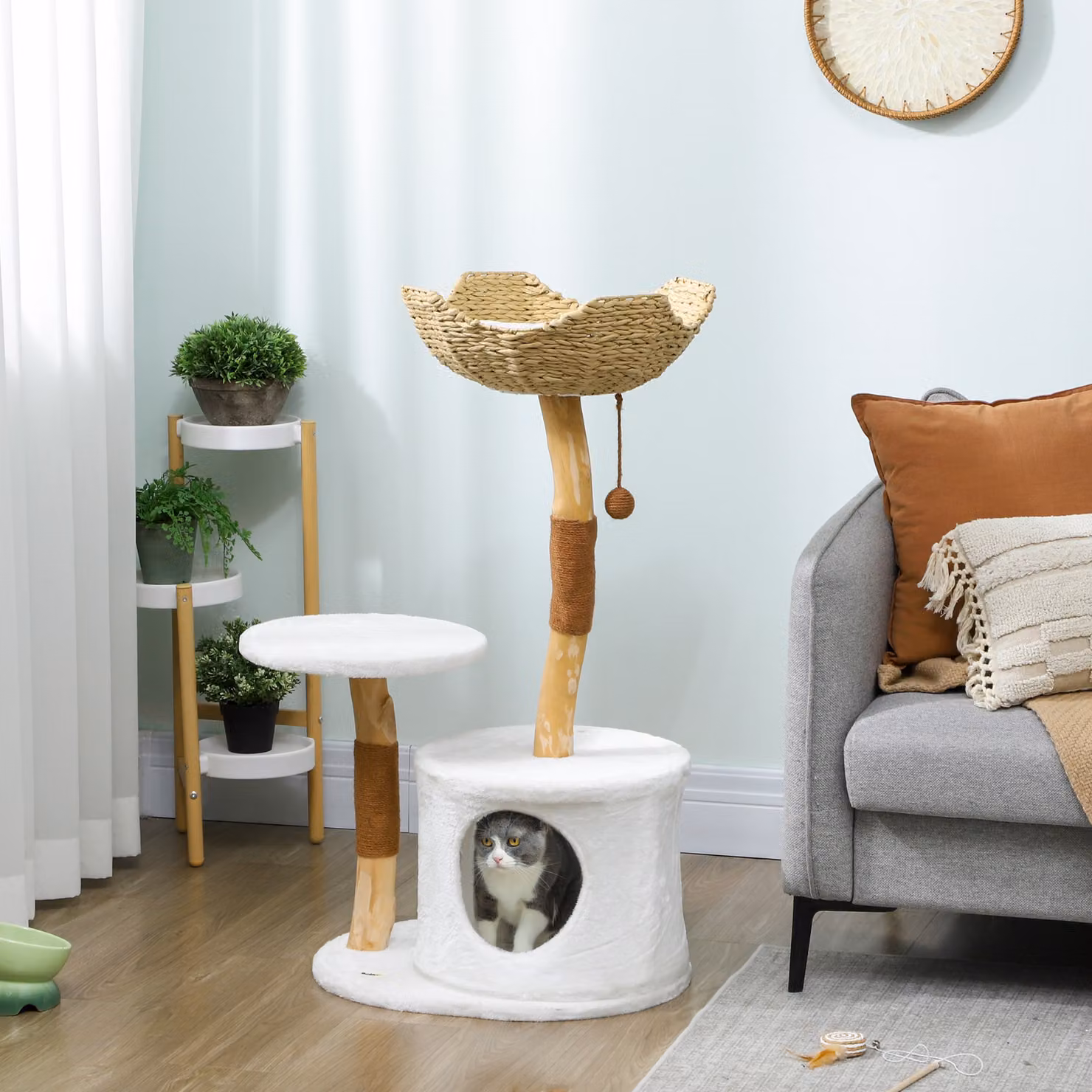 Albero per gatti PawHut con tiragraffi, piattaforma, cuccia e cuscino morbido lavabile, bianco, L 45 cm x P 55 cm x H 102 cm – 2
