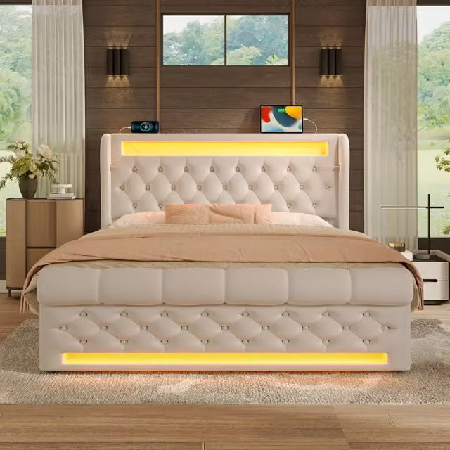Letto contenitore 140 x 190 cm con USB/Type-C e LED, matrimoniale in velluto con contenitore idraulico e testiera con contenitore, beige, stabile