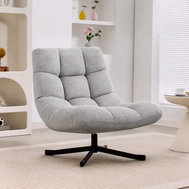 Poltrona girevole REDOM in tessuto chenille grigio chiaro con struttura in metallo e seduta relax a vasca