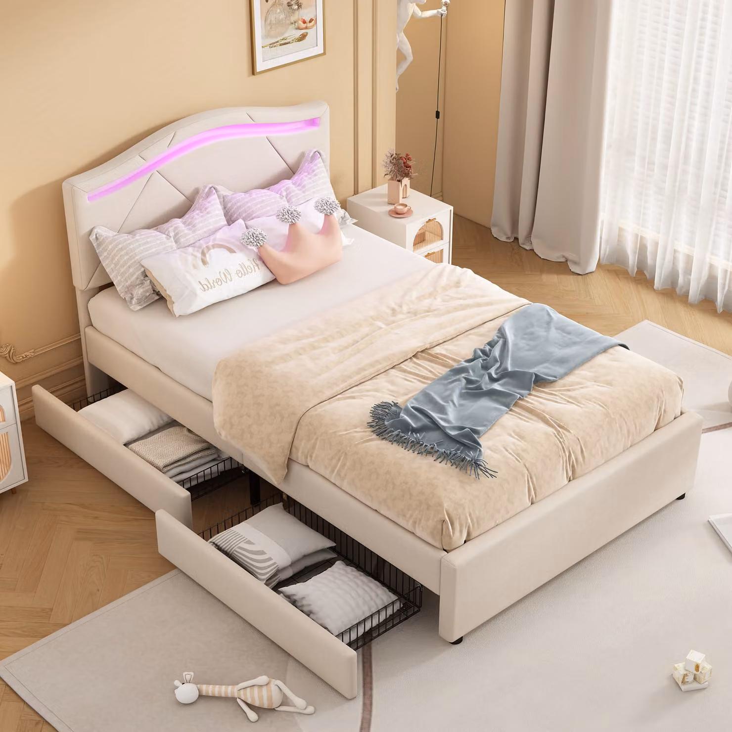 Letto imbottito MODFU 90x200cm con cassettiera, letto per ragazzi con illuminazione della stanza e testata regolabile, beige (senza materasso)
