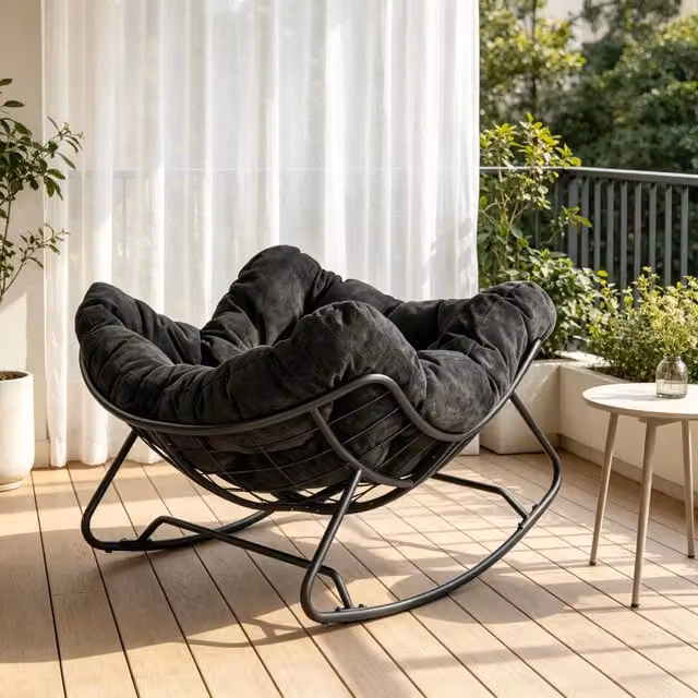 Sedia a dondolo REDOM in tessuto nero con struttura in metallo, L: 91 cm, P: 102,5 cm, H: 77 cm – 1