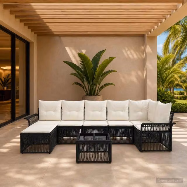 Set Divano da Giardino 8 Pezzi vidaXL Nero con Cuscini e Tavolino da Esterno in Polyrattan e Acciaio