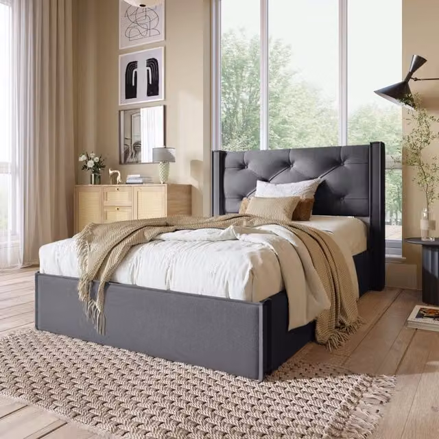 Letto singolo imbottito con contenitore e sollevamento idraulico grigio L/P/H: 203 x 90 x 110 cm