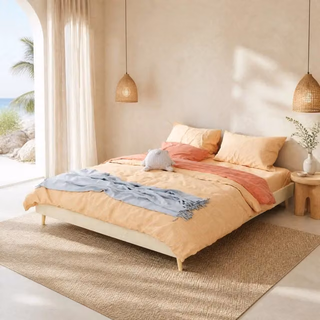 Struttura letto 160 × 200 cm con testiera beige in tessuto e metallo con rete a doghe