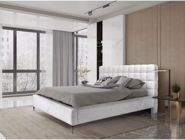 Letto MILLIO Meublorama in tessuto bouclé beige e bianco con rete inclusa L/P/H: 225 x 180 x 112 cm – 1