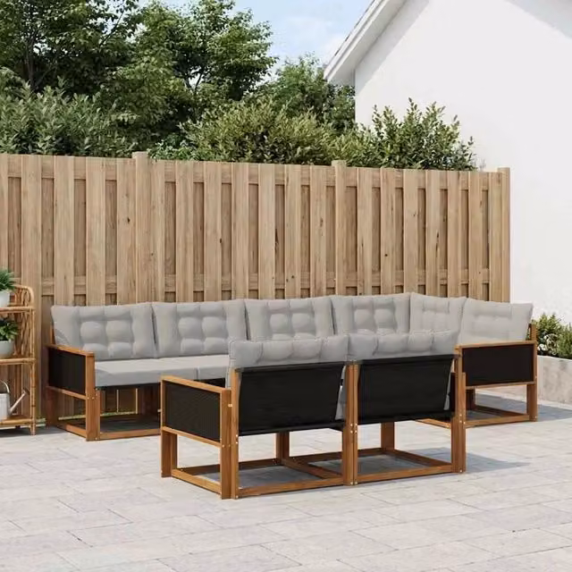 Set di divani da esterno vidaXL a forma di U composto da 7 pezzi in legno di acacia con cuscini beige e grigi