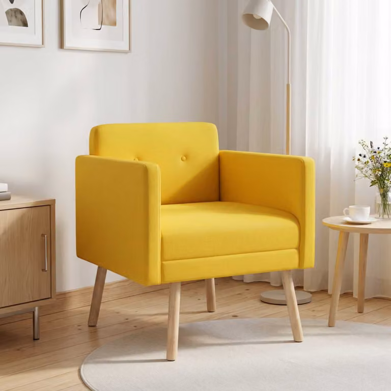 Sedia d'accento moderna vidaXL in tessuto giallo con braccioli e struttura in legno e plastica, H 79 cm x L 73 cm x P 45 cm