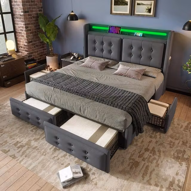 Letto adulto con LED e USB-C - Xylo - 140x200 cm - Grigio - 4 cassetti