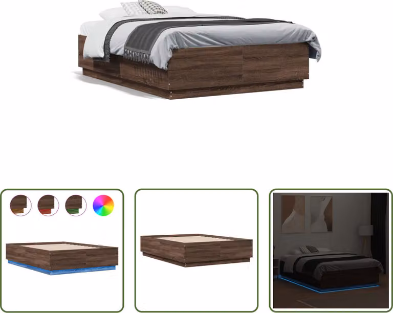 The Living Store Struttura letto con LED effetto rovere marrone 135x190 cm Materiale a base di legno
