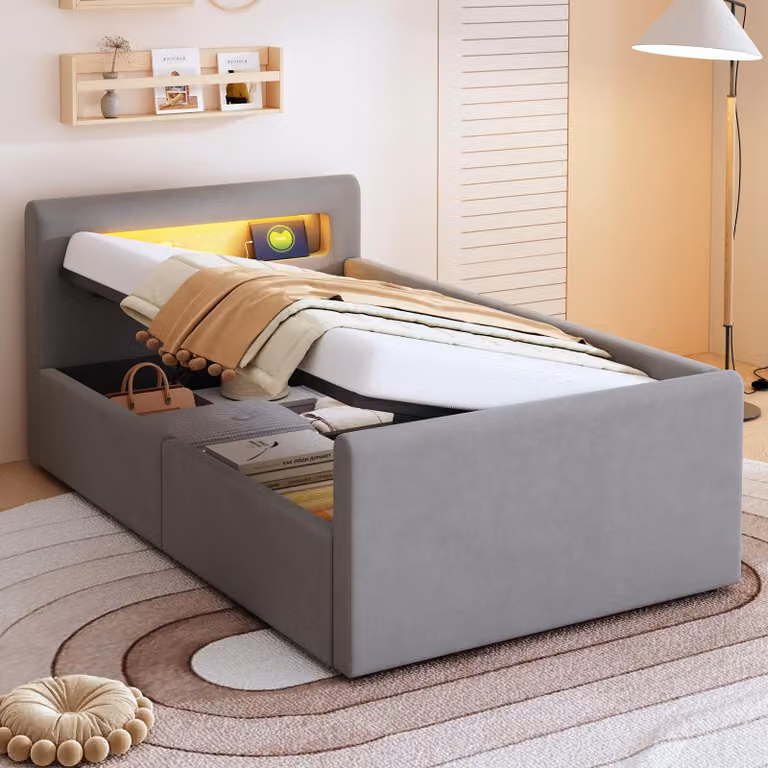 Letto imbottito STILVORA 90×200 con contenitore idraulico, letto per bambini con luce notturna, LED, USB e ripiano, letto singolo senza materasso, tessuto velluto, grigio chiaro