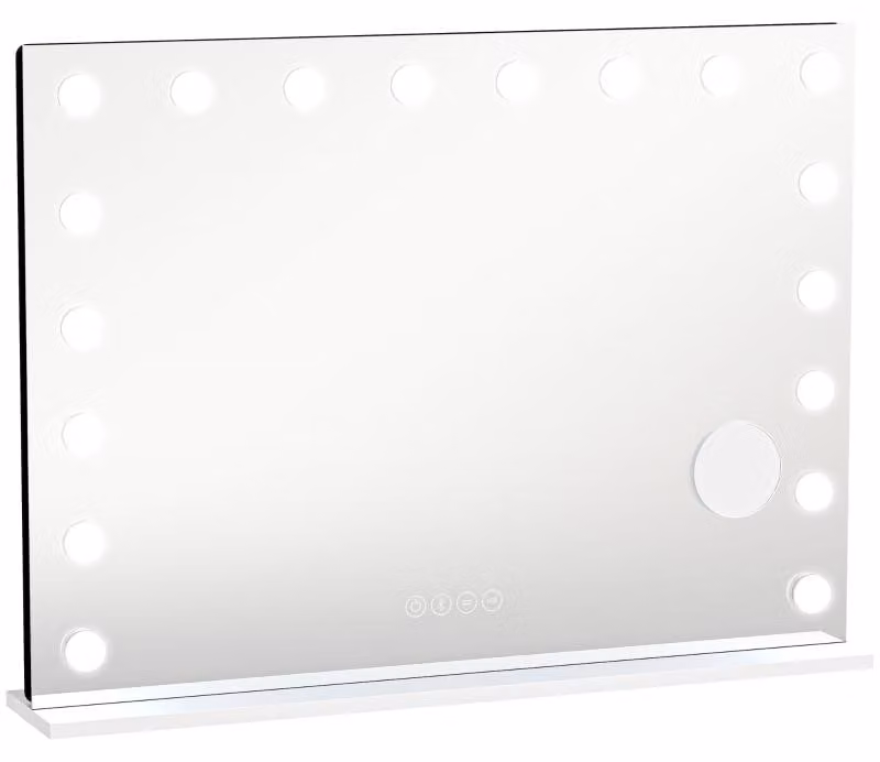 Specchio da trucco Hollywood Moonbite, 80 x 60 cm, con 18 luci LED dimmerabili, 3 tonalità di luce, RGB e Bluetooth, ingrandimento 10x, vetro, bianco