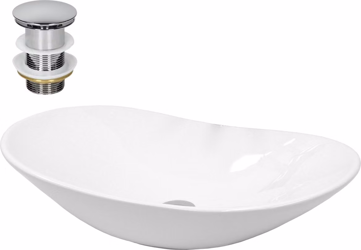 Lavabo LuxeBath Lavabo da appoggio ovale, 64x36,5x13 cm, bianco, in Vetroceramica, incl. set di scarico senza troppopieno
