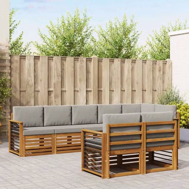 Set di divani da esterno a L vidaXL in legno di acacia con cuscini grigi – 1