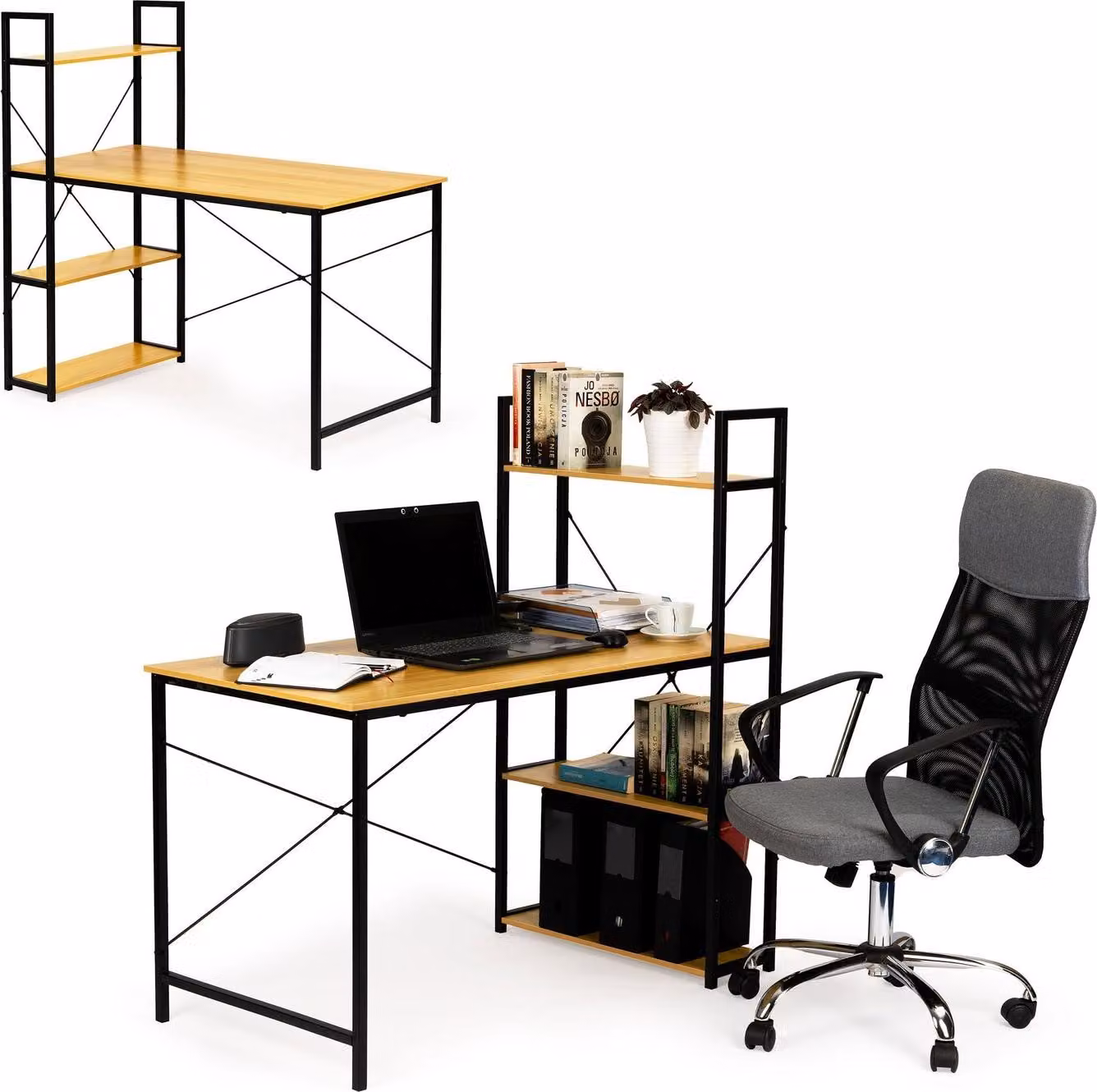 Scrivania per computer in legno con ripiani soppalcati