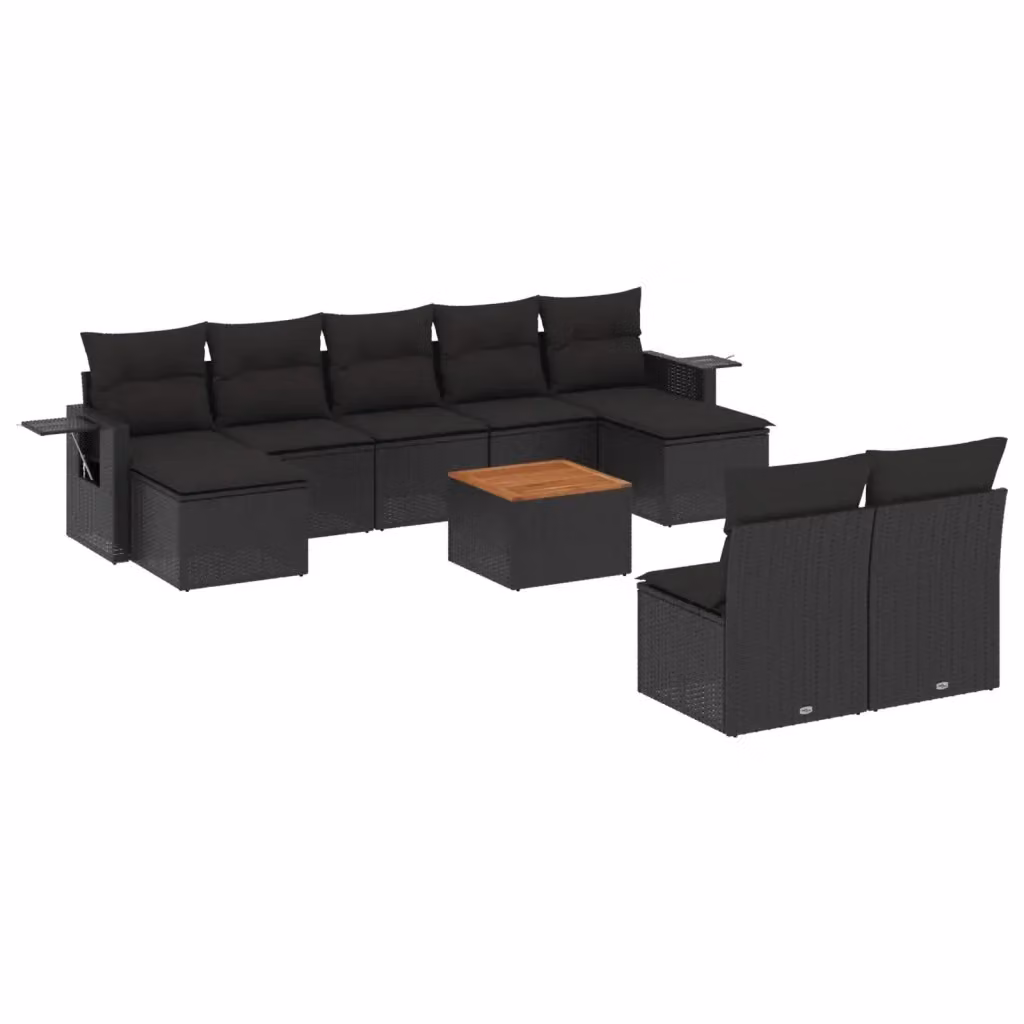 vidaXL Set Divani da Giardino a Forma di U in Polyrattan Nero con Cuscini e Tavolino da Caffè – 2