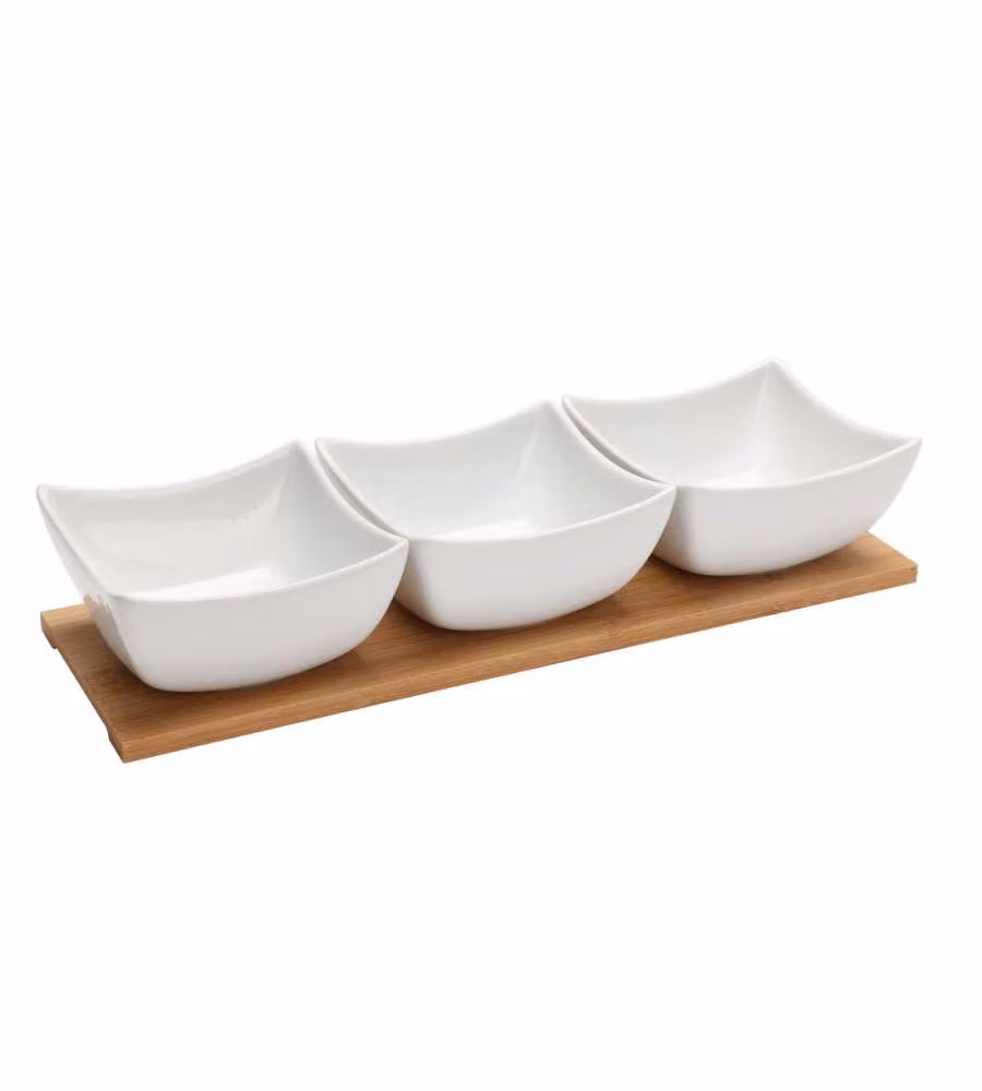 Set Vassoio in Bamboo 30x10 cm con 3 Ciotole di Porcellana Bianche