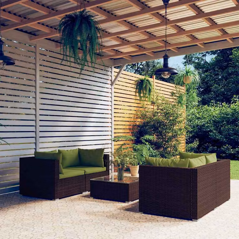 Set da giardino vidaXL composto da 5 pezzi con divani a L, tavolino e cuscini in rattan marrone e verde con struttura in acciaio verniciato a polvere