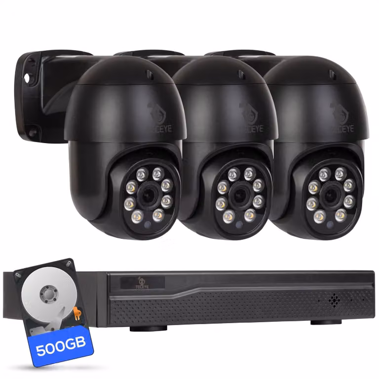 Telecamera di sicurezza esterna - 3 unità da 5MP con registratore di rete PoE e HDD da 500 GB - Colore nero, modello PTZ (pan-tilt-zoom) con rotazione