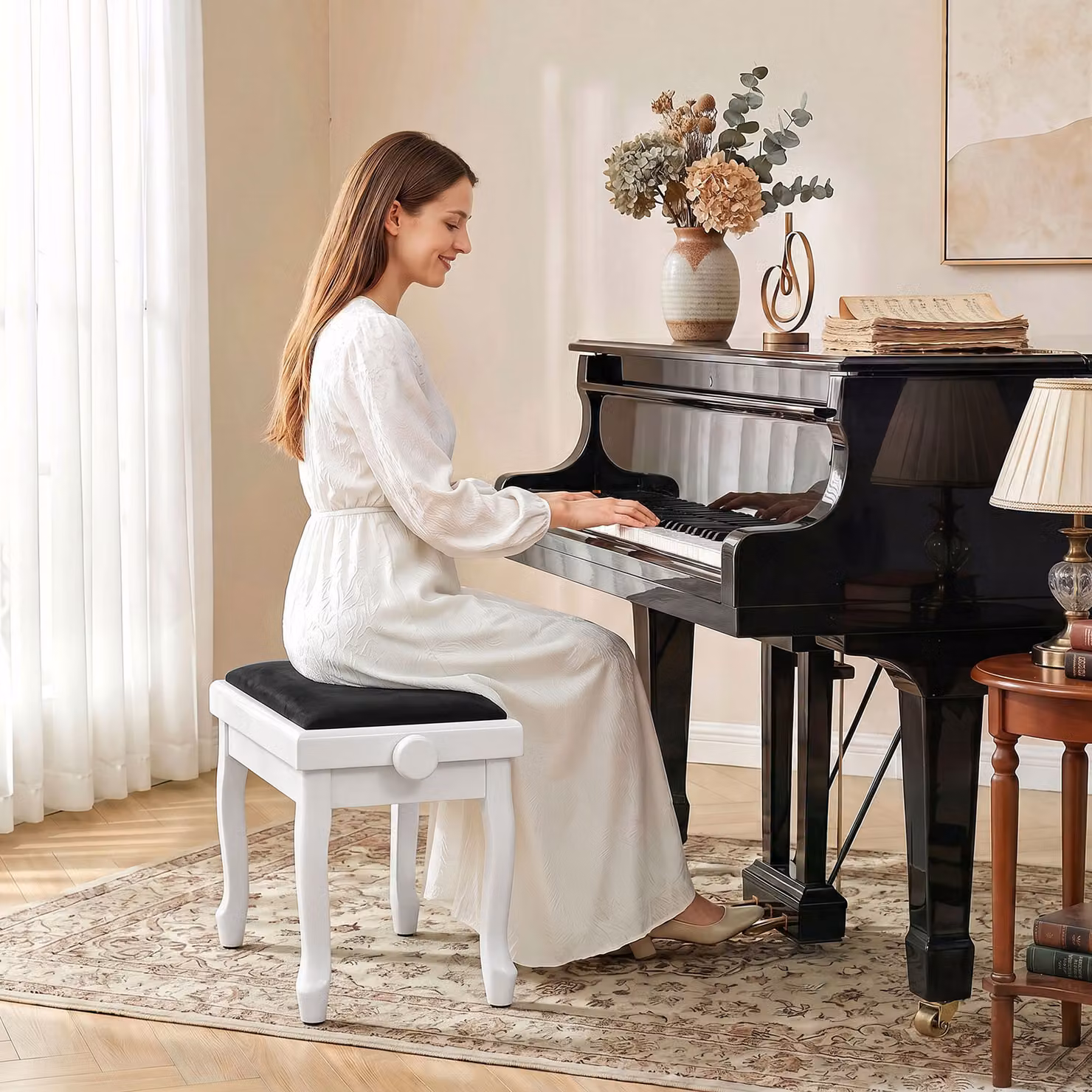 Panca per pianoforte HOMCOM regolabile con seduta in velluto bianco – 2