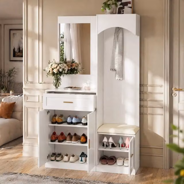 Mobile ingresso multifunzione bianco 110 x 33 x 185;5 cm in MDF con specchio e scarpiera