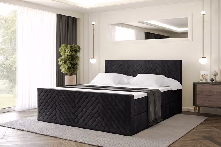 Letto boxspring ALTDECOR con materasso e rete a doghe, topper, letto imbottito con contenitore, letto con spazio contenitivo e materasso H3, letto matrimoniale, letto a cassettoni - VEXA-Z - 180x200 - Nero Casablanca