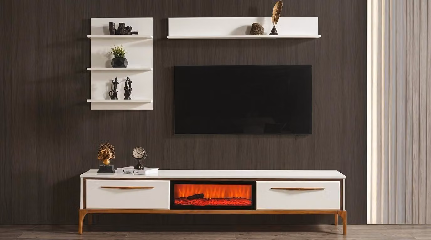 Mobile TV a basso, pensile, scaffale a parete, stile moderno, bianco, camino