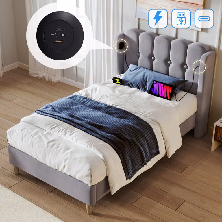 Letto imbottito STILVORA 90x200 cm, letto singolo con funzione di ricarica USB Type-C, letto per ragazzi con rete a doghe, velluto, grigio (senza materasso)
