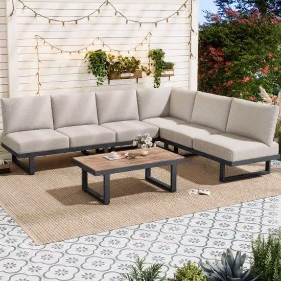 Set di mobili da giardino, set di lettini da giardino, panca angolare, lettino da esterno, tavolino da salotto, trasformabile in lettino prendisole, acciaio zincato, grigio