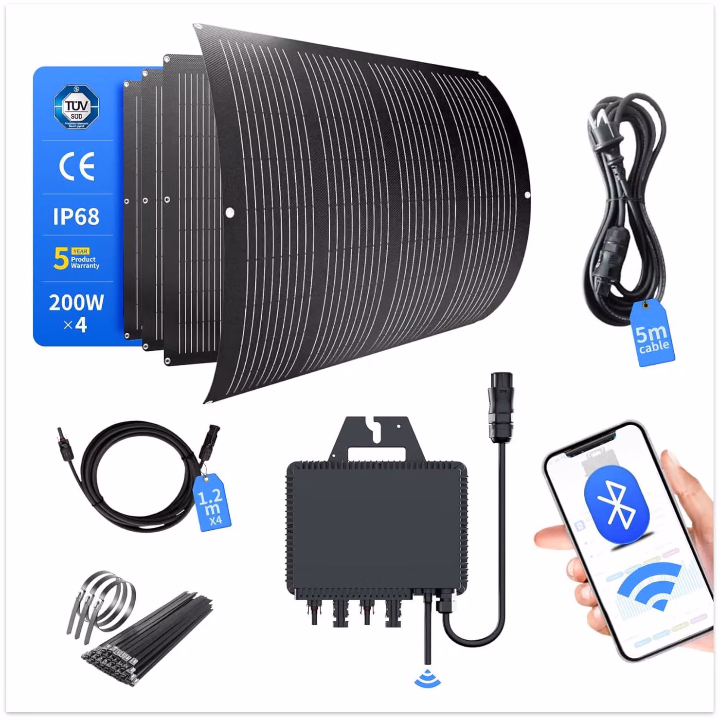 Kit centrale di alimentazione da balcone RC 800 W, completo di supporto, 2 pannelli solari flessibili da 200 W, inverter da 800 W con Wi-Fi e sistema fotovoltaico con presa di corrente