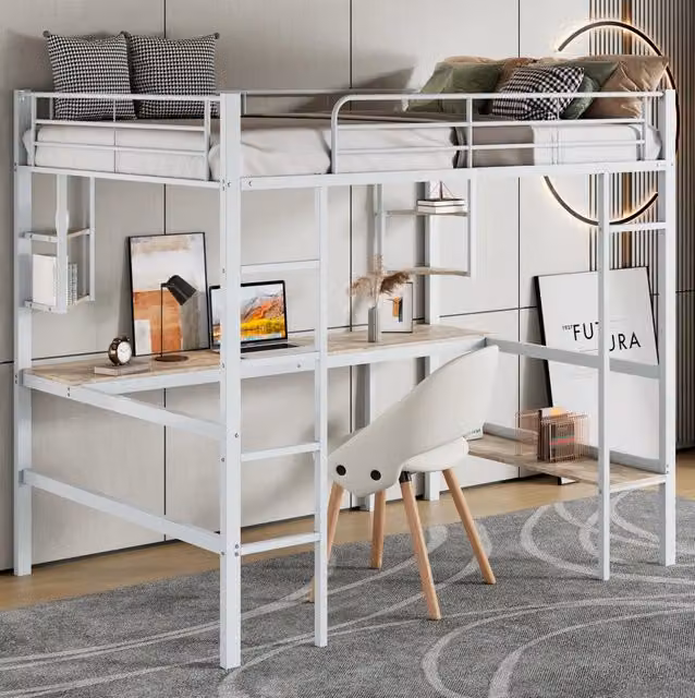 Hochbett 90x200 cm con scrivania; 4 ripiani e libreria; metallo bianco