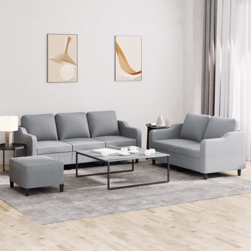 vidaXL Set di Divani Moderno 3 Pezzi con Pouf e Cuscini in Tessuto Grigio Chiaro – 1