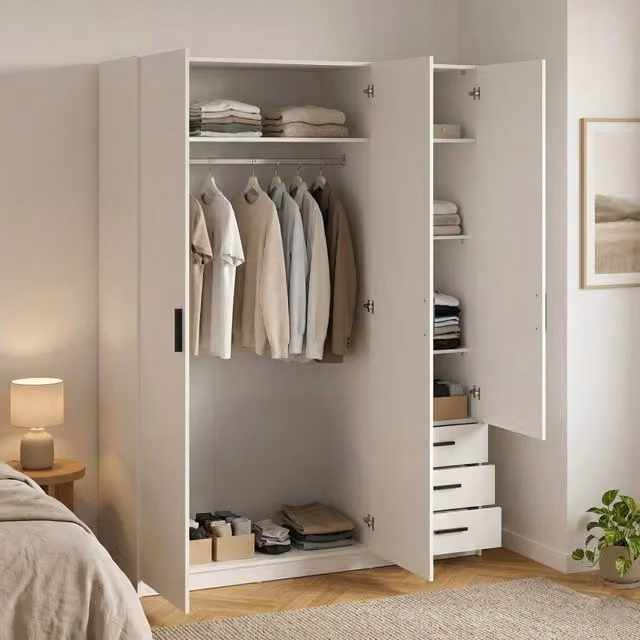 Armadio Simeon DMORA a 3 ante con cassetti, mobile per camera da letto bianco opaco, L: 147 cm, P: 50 cm, H: 200 cm – 1