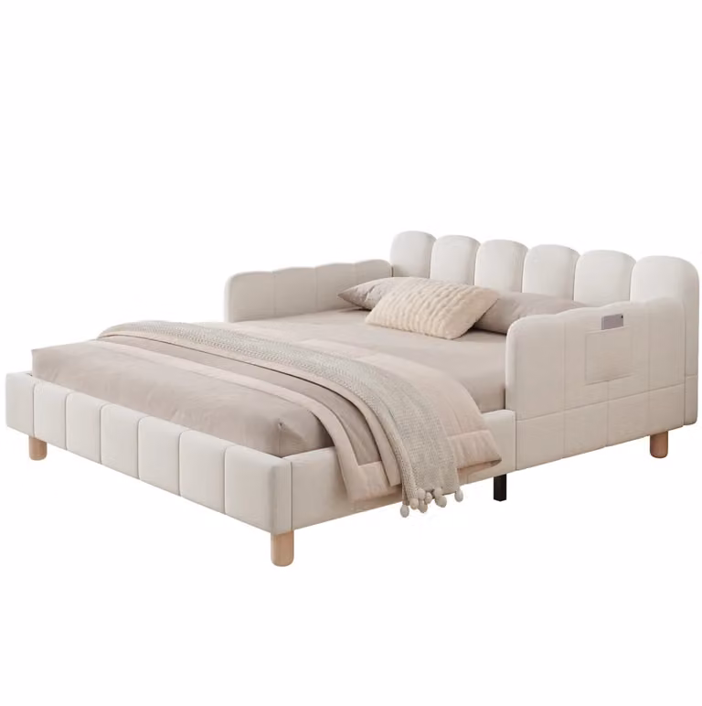 Lettino per bambini Beaok in velluto beige con testiera imbottita e barriera di sicurezza L: 140 cm, P: 190 cm