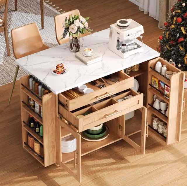 Isola cucina con piano ribaltabile 120x45(70)x90 cm in MDF naturale; con ruote bloccabili