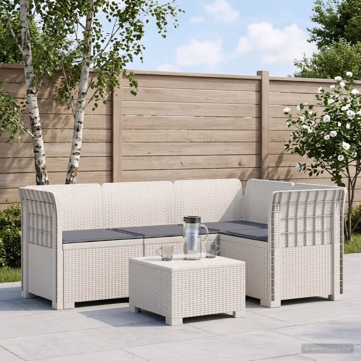 vidaXL Divano da Giardino Angolare a L con Cuscini, Design Moderno in Rattan e Tessuto, Bianco e Grigio