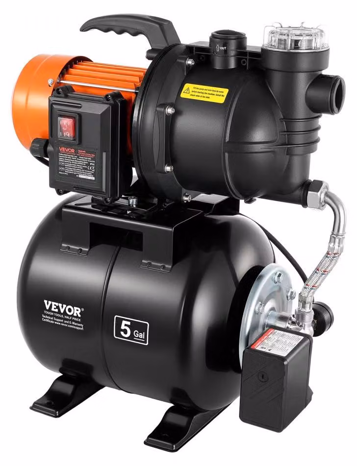 Pompa per acqua domestica - Potenza: 1,1 kW - Capacità: 5300 L/h - Serbatoio di pressione: 19 L - Corpo pompa in plastica