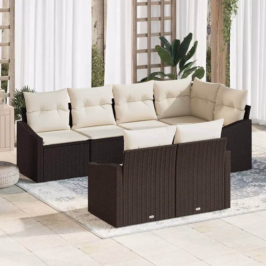 Set di divani da giardino vidaXL a forma di U composto da 7 pezzi in rattan marrone con cuscini beige e struttura in acciaio – 1