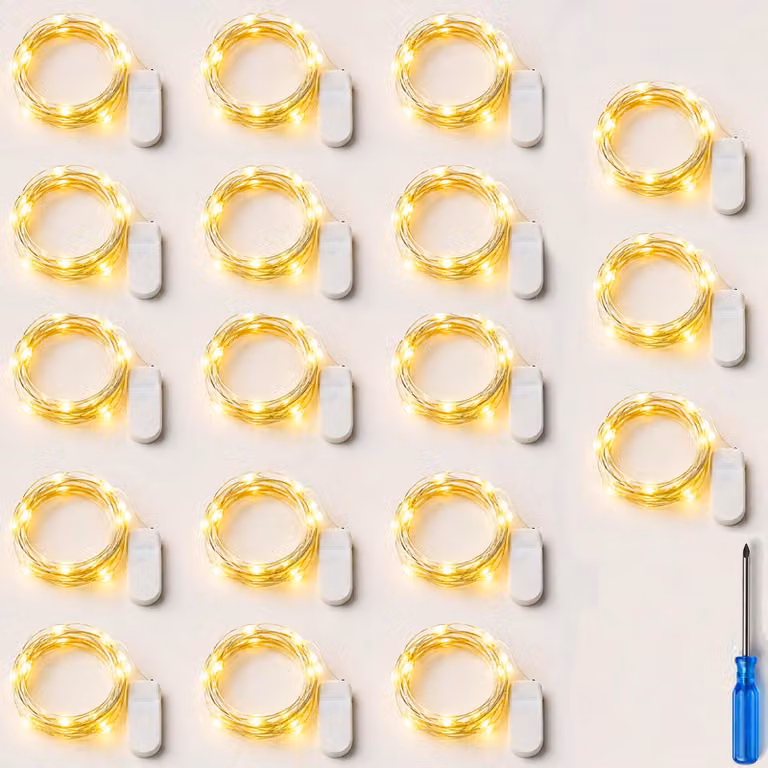 Catena luminosa a LED, set da 18 elementi, lunghezza 2 metri, 20 micro-LED, luce bianco caldo, alimentazione a batteria