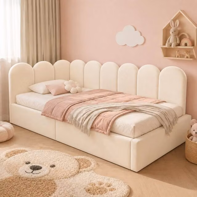 Letto da giorno 90x200 cm in velluto beige con contenitore idraulico e rete a doghe in ferro