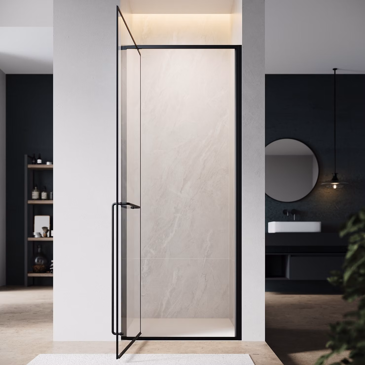 SONNI Porta doccia a battente invisibile, 80x195 cm, vetro di sicurezza 6 mm, nero opaco, porta doccia con una sola parola