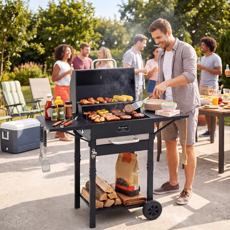 Barbecue a carbonella Costway nero con tavolini laterali, termometro e 2 ruote per campeggio e picnic